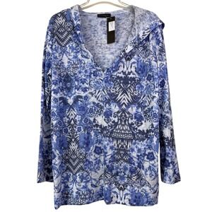 Nally & Millie L Blue Floral Hoodie Top V-Neck Lightweight Knit Boho Cottage NWT